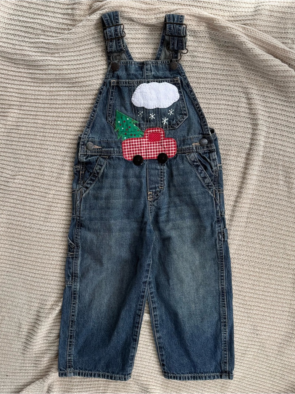 Oshkosh 3T Denim Overalls Christmas Holiday Red Plaid Truck Tree Retro Applique